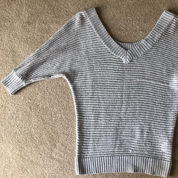 V Neck Gray Sparkle Striped Short Sleeve Sweater - Picture 1 of 8